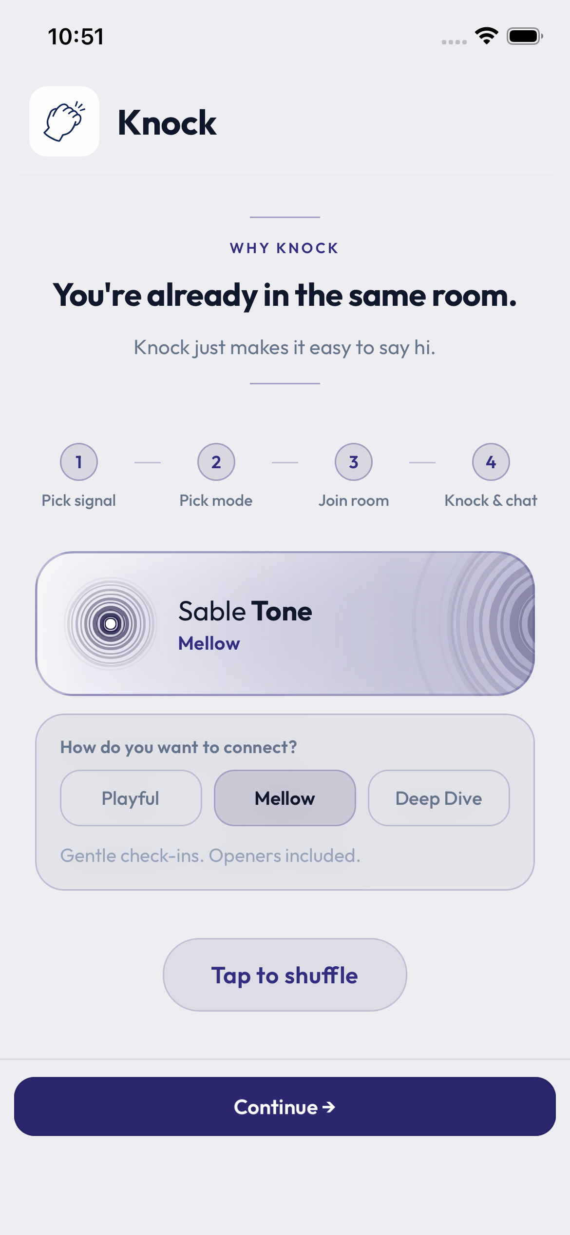 Pick a signal color and mode on the Knock onboarding screen.